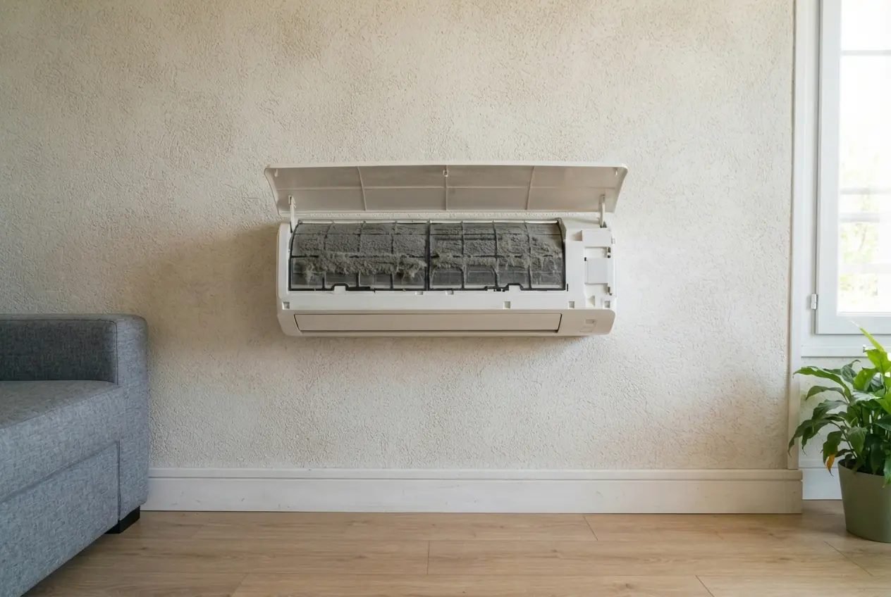 Filtres encrassés d'une climatisation avant entretien à Bollène