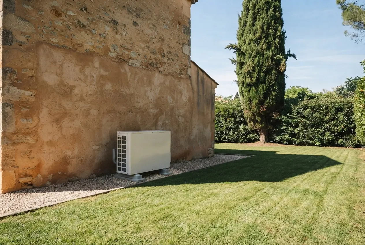 Climatisation gainable installée avec unité extérieure au jardin